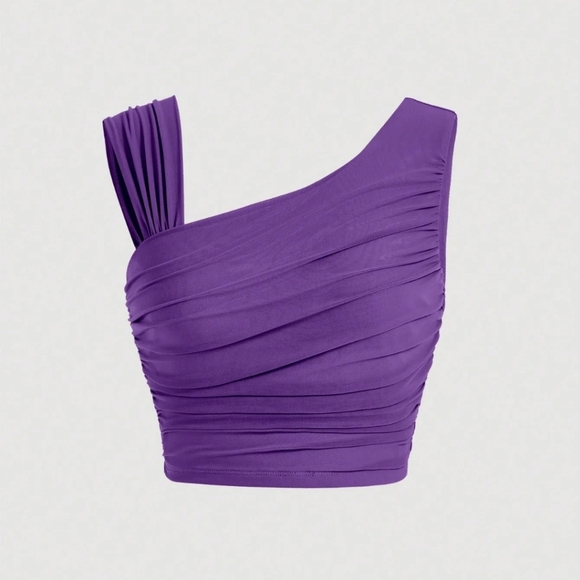 SHEIN Tops - SHEIN Mod Purple Asymmetrical Neck Ruched Crop Top, Size Small